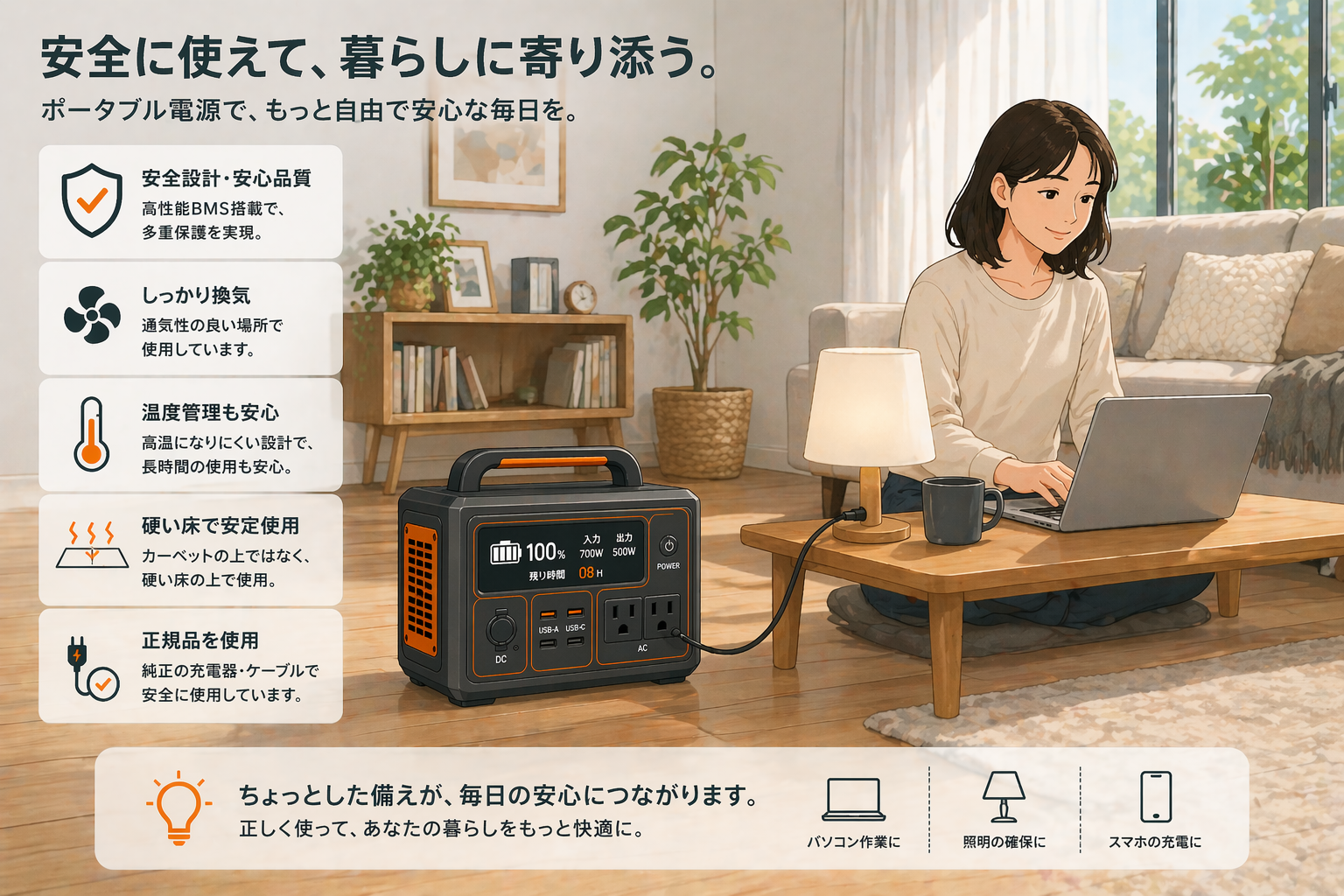 ポータブル電源を安全に使うイメージ