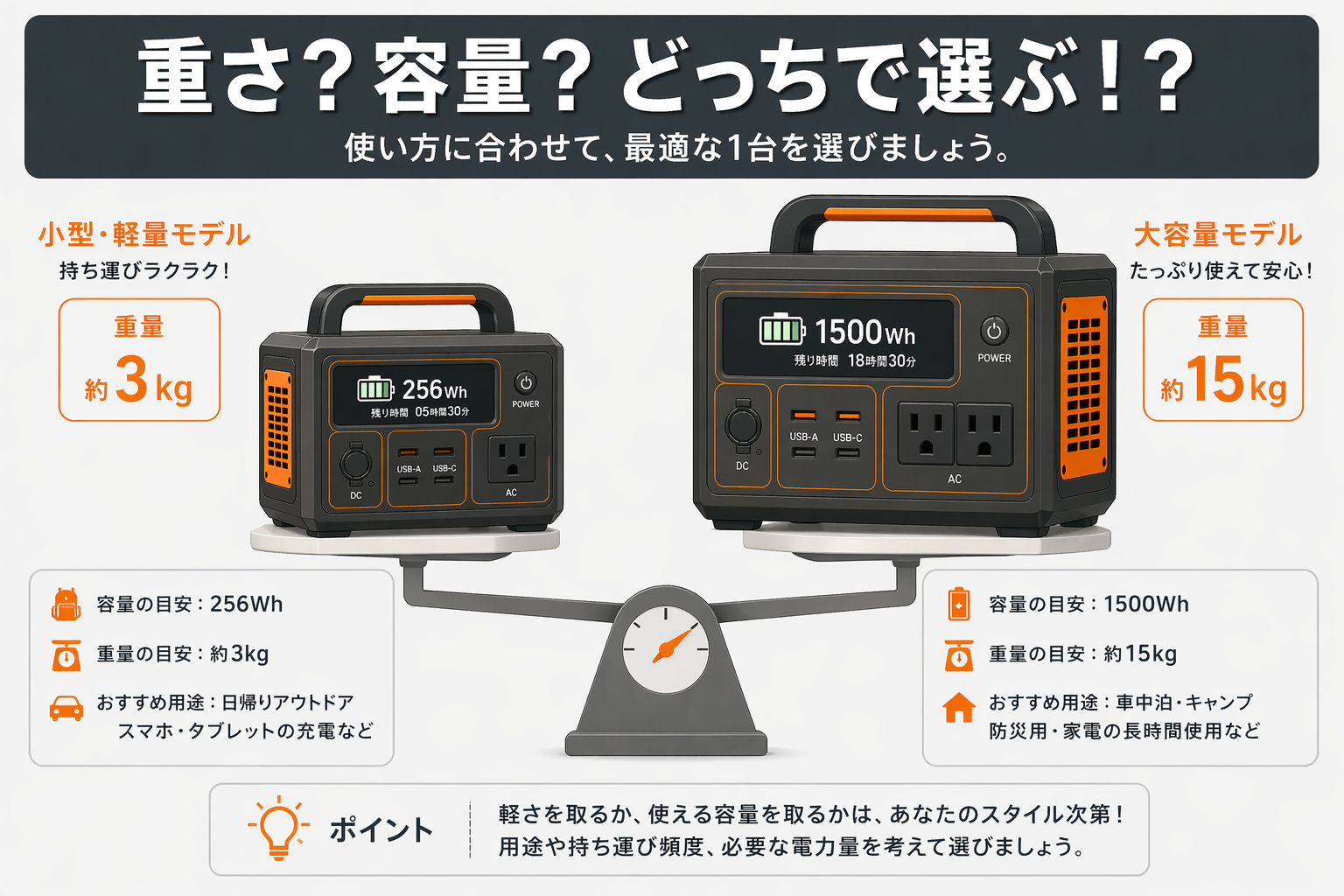 ポータブル電源の重さと容量のトレードオフイメージ
