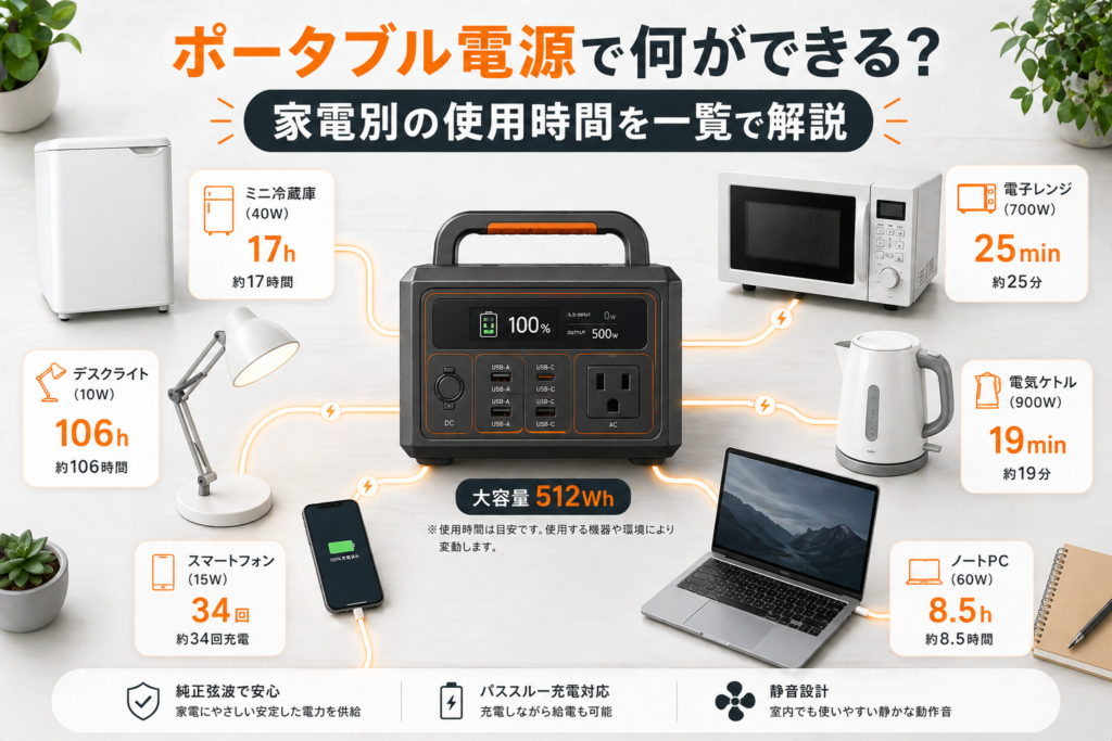 ポータブル電源で何ができる？家電別の使用時間を一覧で解説（冷蔵庫・電子レンジ・PC等）