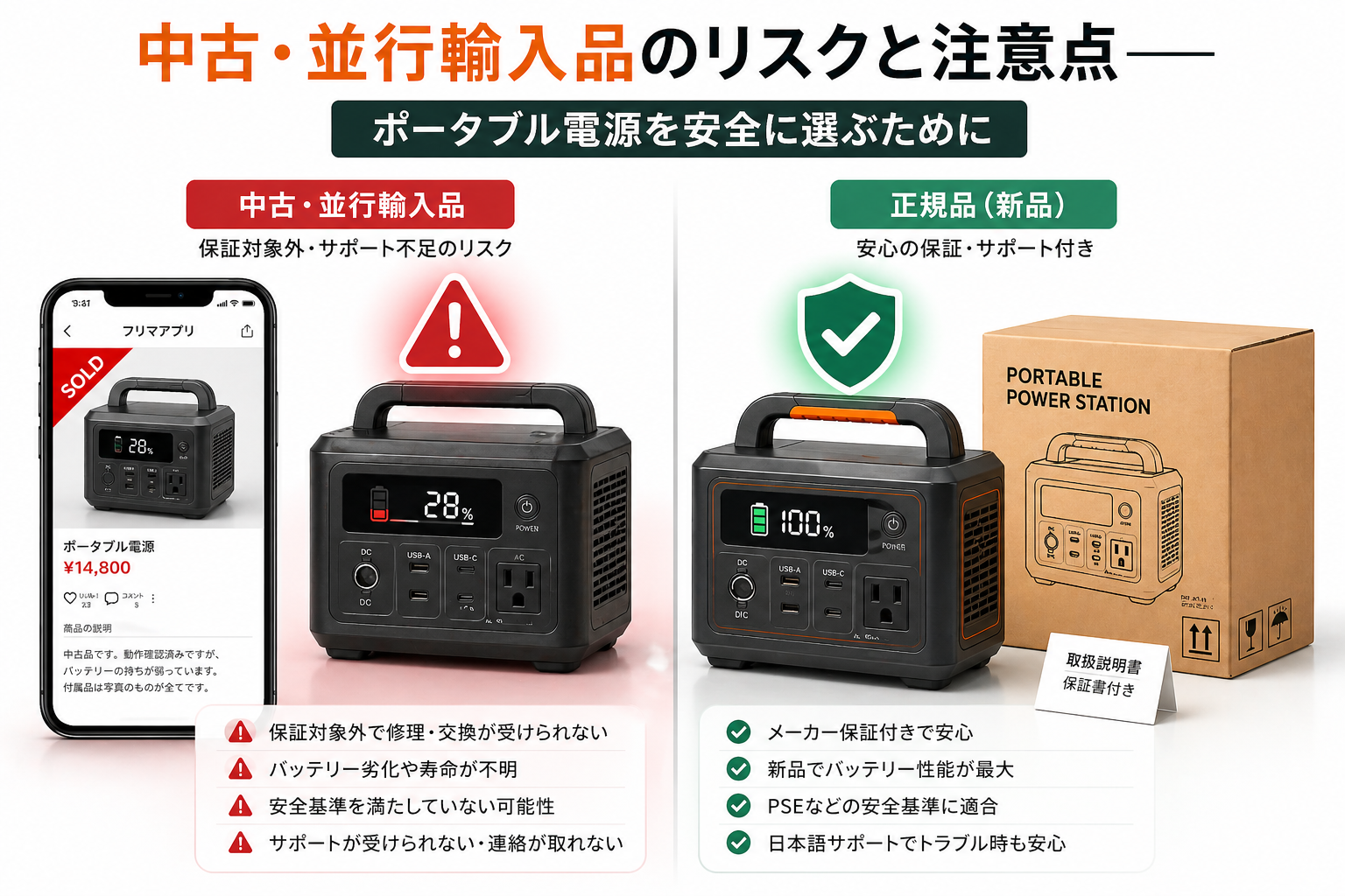 中古・並行輸入品のリスクと注意点 ポータブル電源を安全に選ぶために