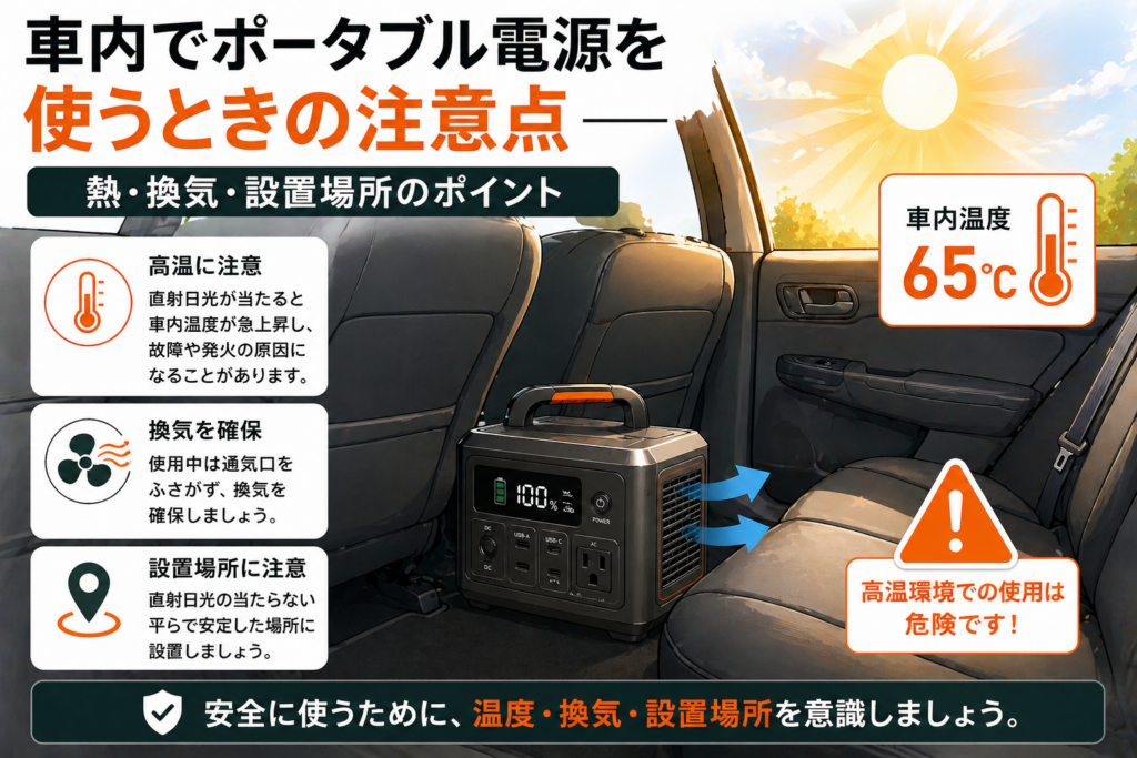 車内でポータブル電源を使うときの注意点 熱・換気・設置場所のポイント