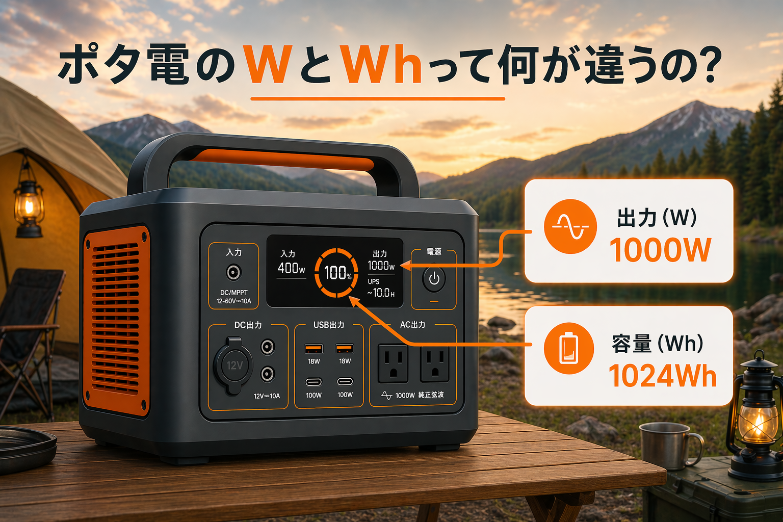 ポータブル電源のスペック表・W（ワット）とWh（ワット時）のイメージ