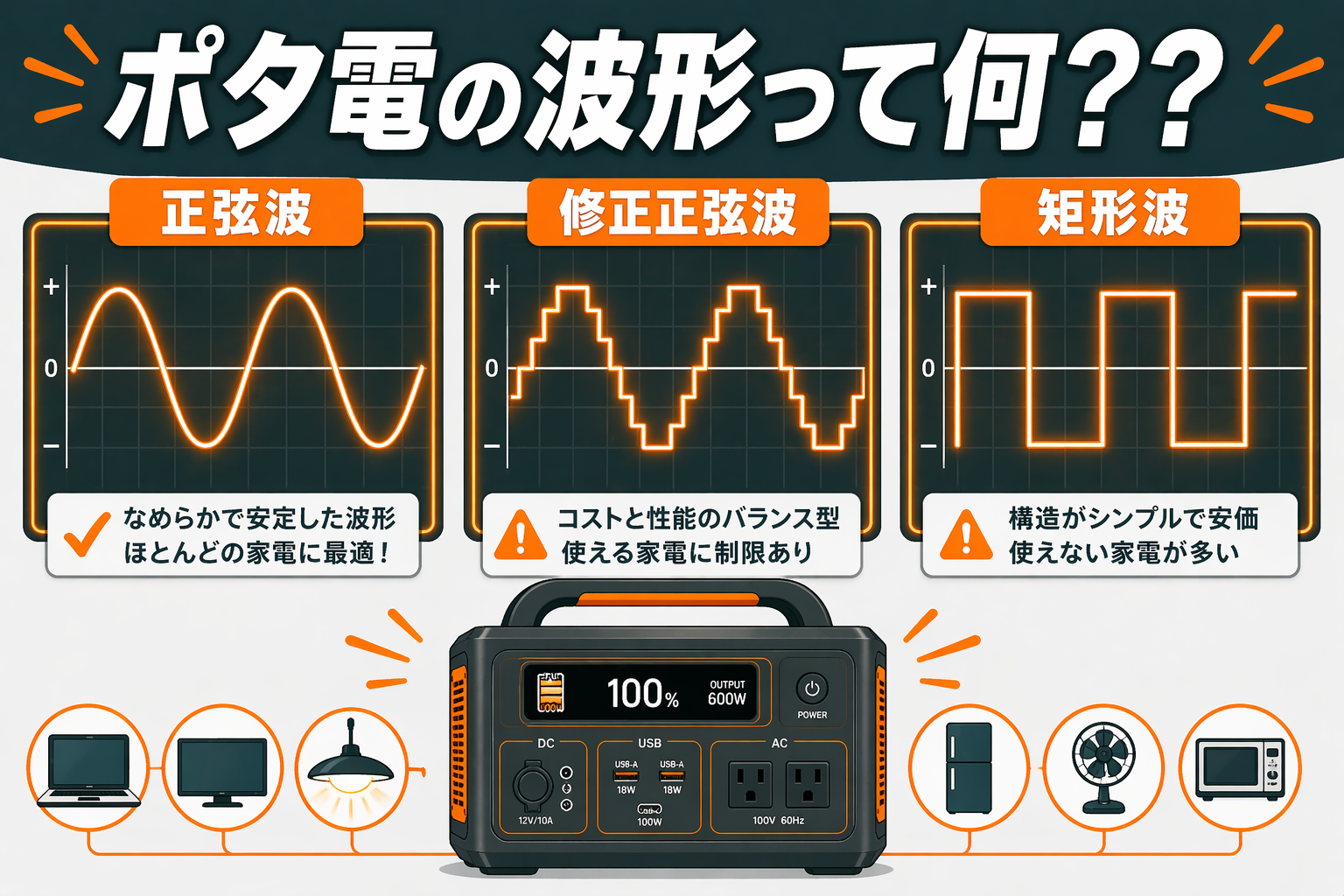 正弦波・修正正弦波・矩形波の波形比較