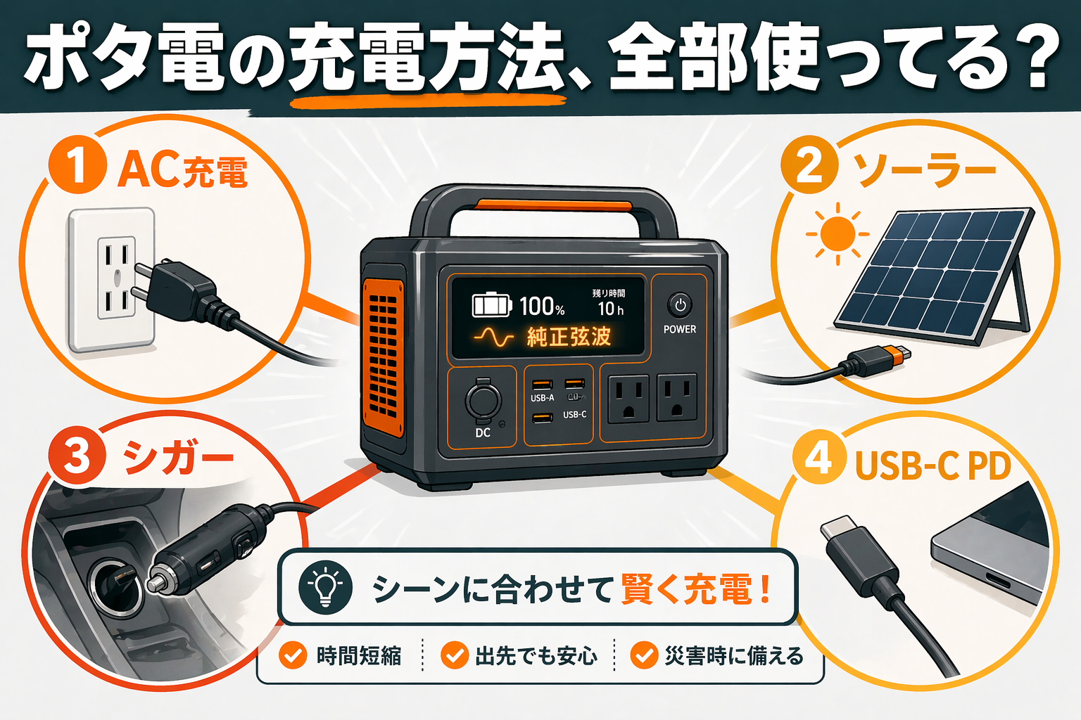 ポータブル電源の主な充電方法まとめイメージ