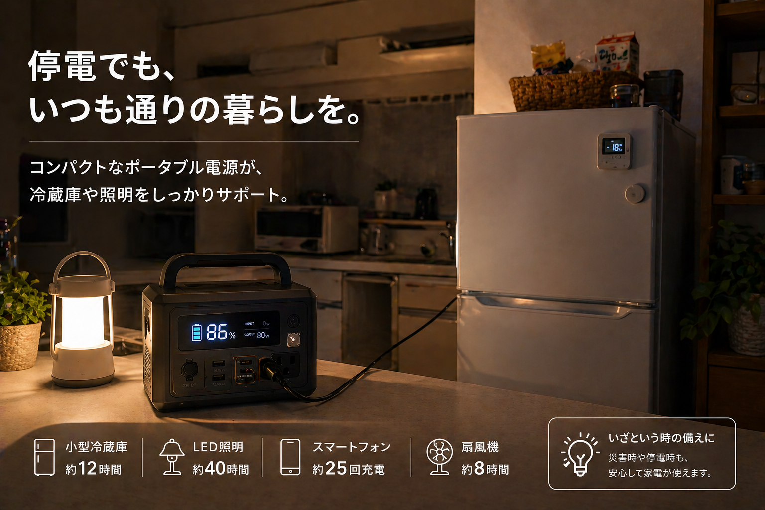 ポータブル電源で生活家電を動かすイメージ