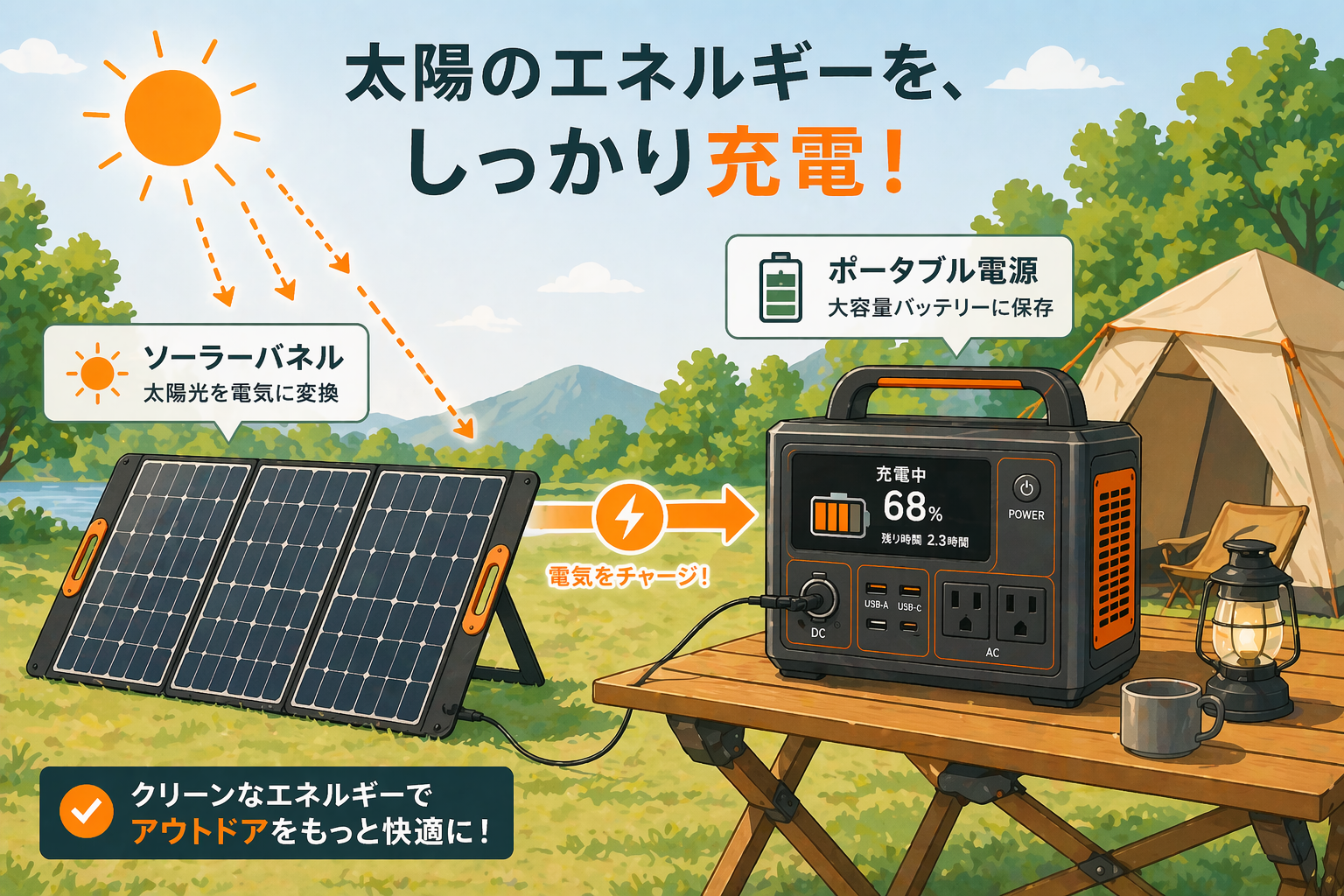 ソーラーパネルでポータブル電源を充電するイメージ