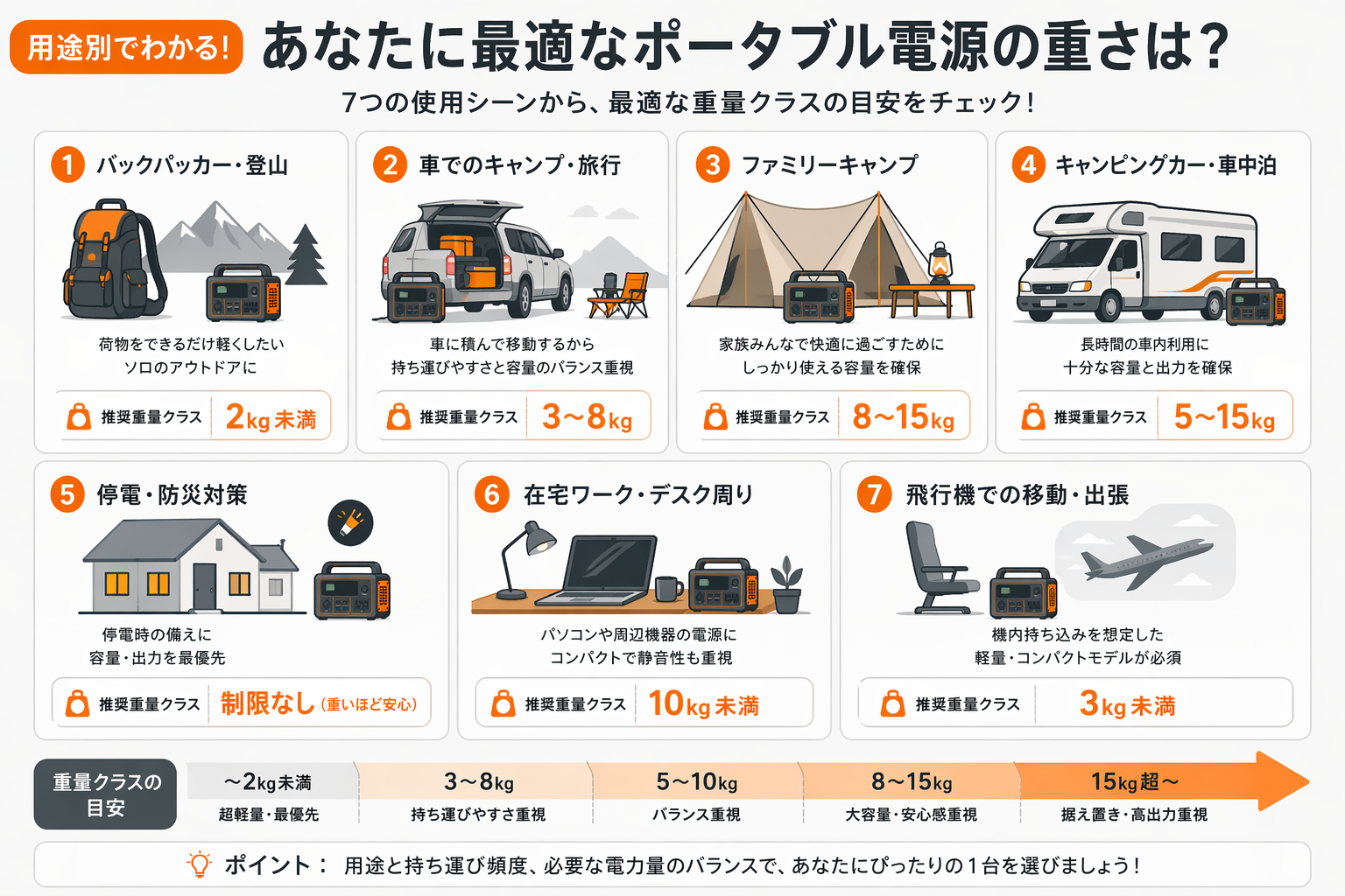 用途別おすすめ重量クラスイメージ