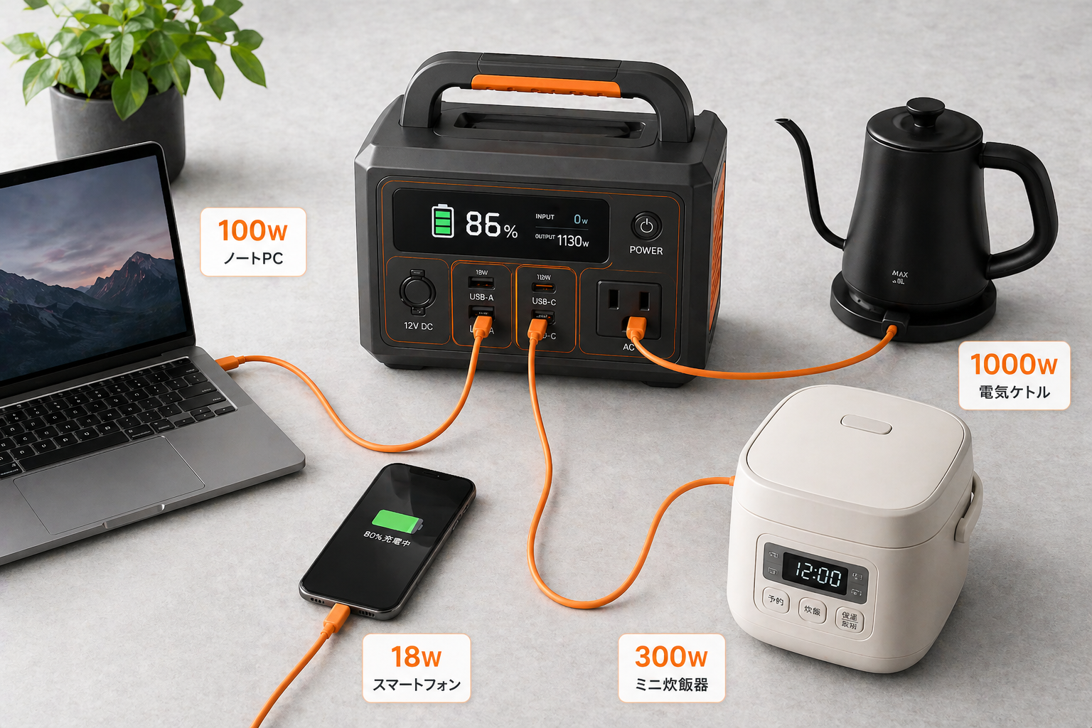 ポータブル電源でデジタル機器・調理家電を動かすイメージ