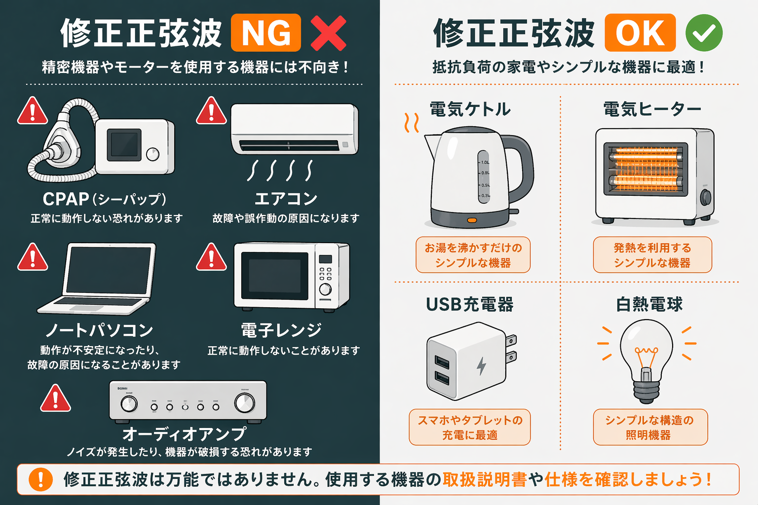 修正正弦波で使えない家電・使える家電の比較