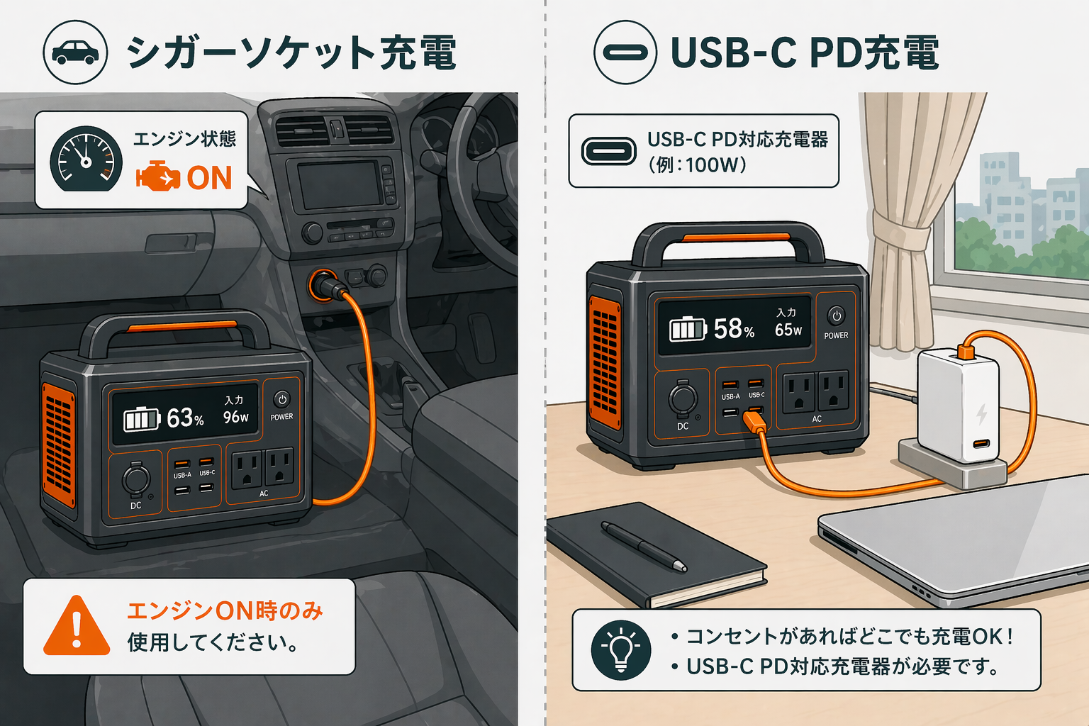 USB-C PD充電・シガーソケット充電イメージ