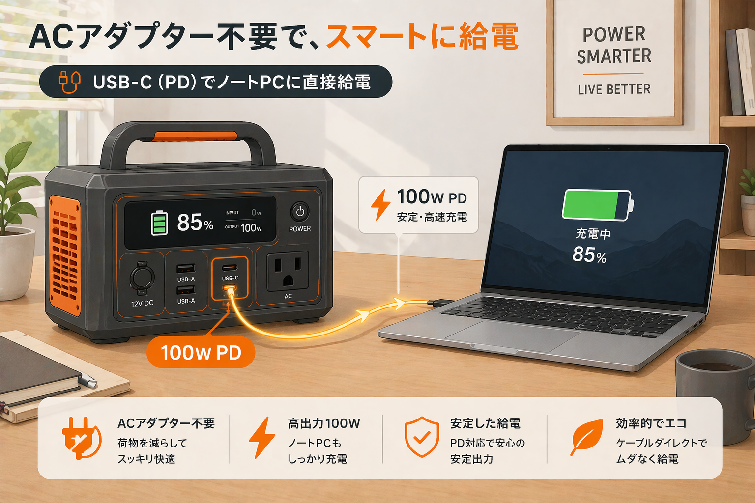 ポータブル電源のPD出力でノートPCを充電するイメージ