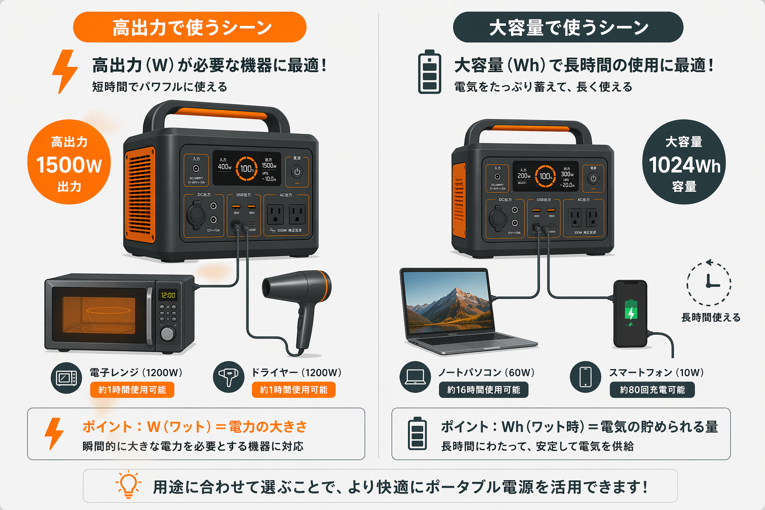 用途に合わせたW・Wh確認ポイント
