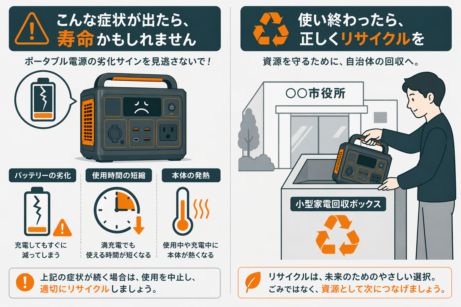 ポータブル電源の寿命サインとリサイクルイメージ