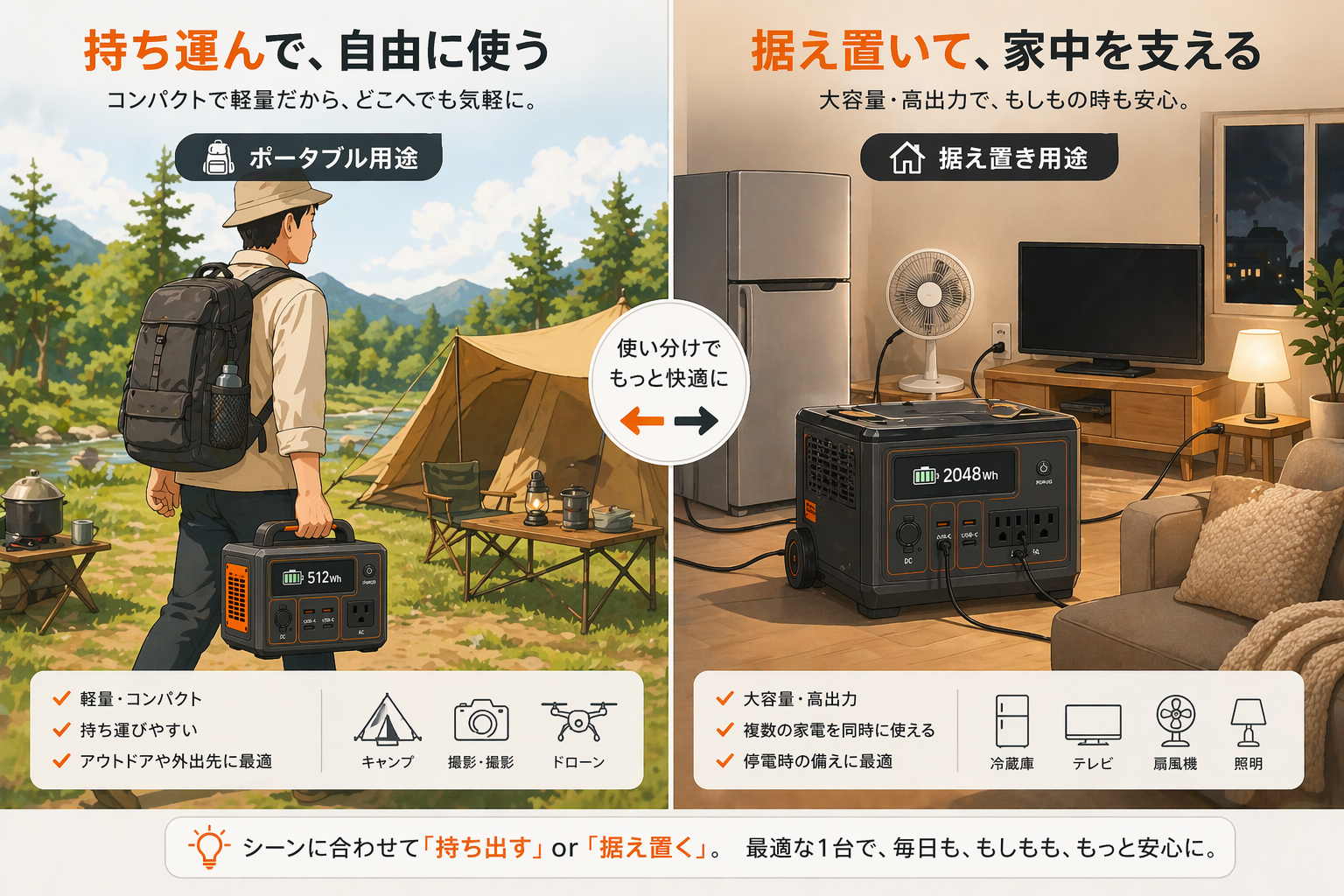 ポータブル電源の用途別使い分けイメージ