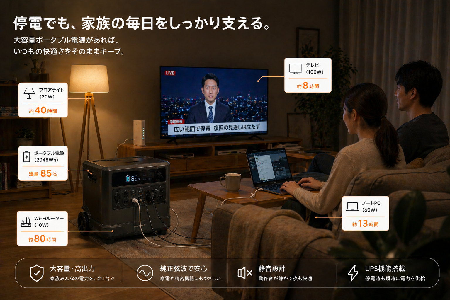 ポータブル電源を複数の家電で活用するライフスタイルイメージ