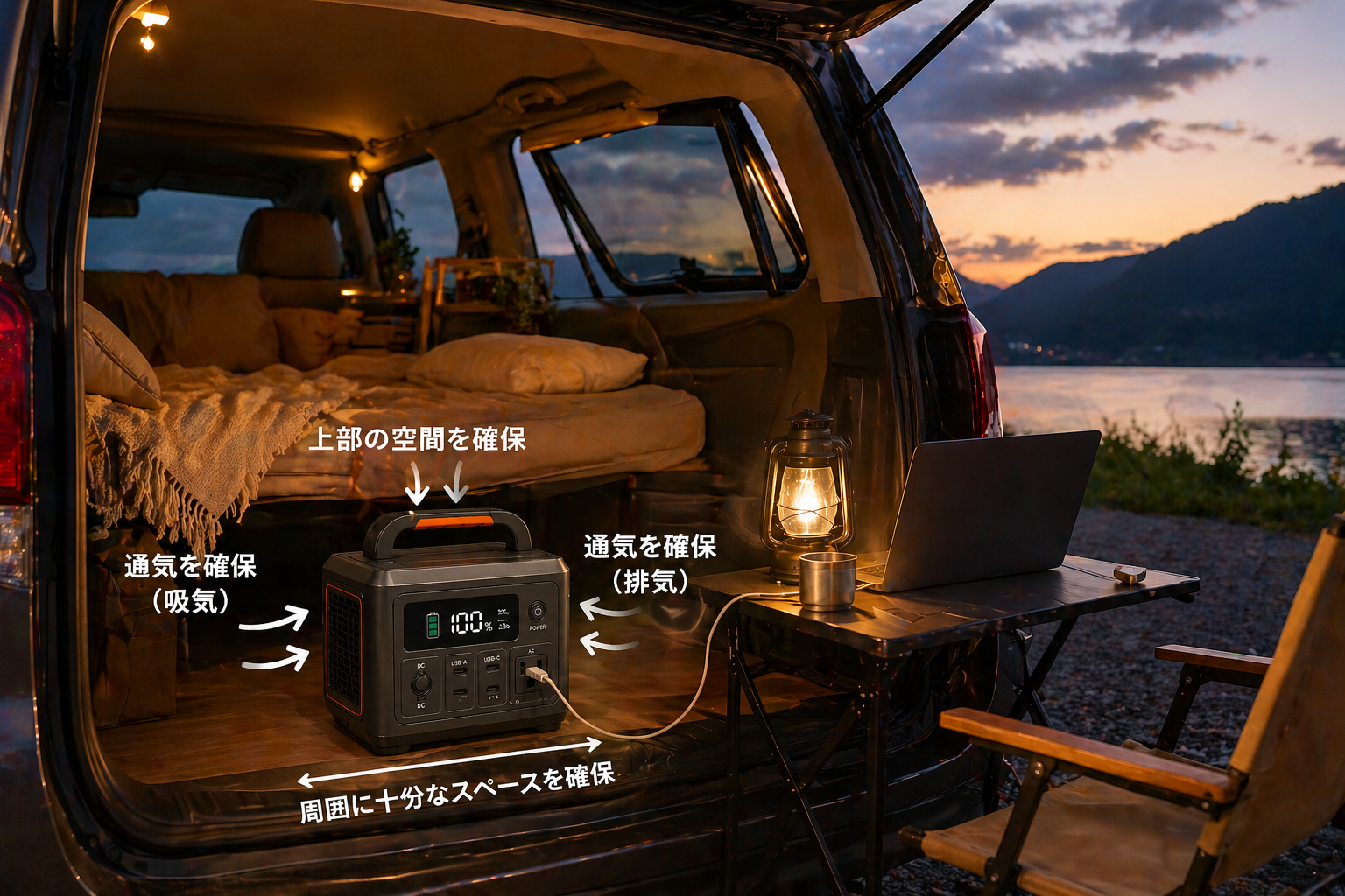 車中泊でポータブル電源を安全に活用するイメージ