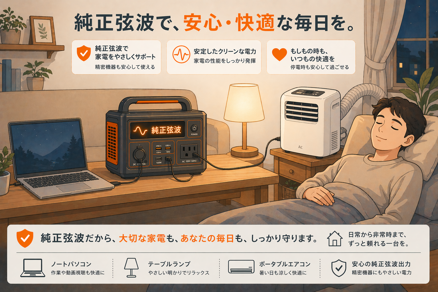 純正弦波対応ポータブル電源で安心して家電を使うイメージ