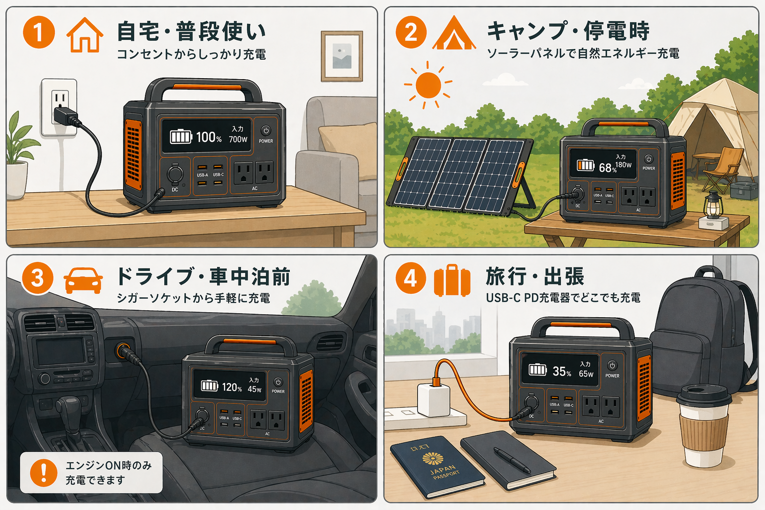 シーン別の充電方法選び方イメージ