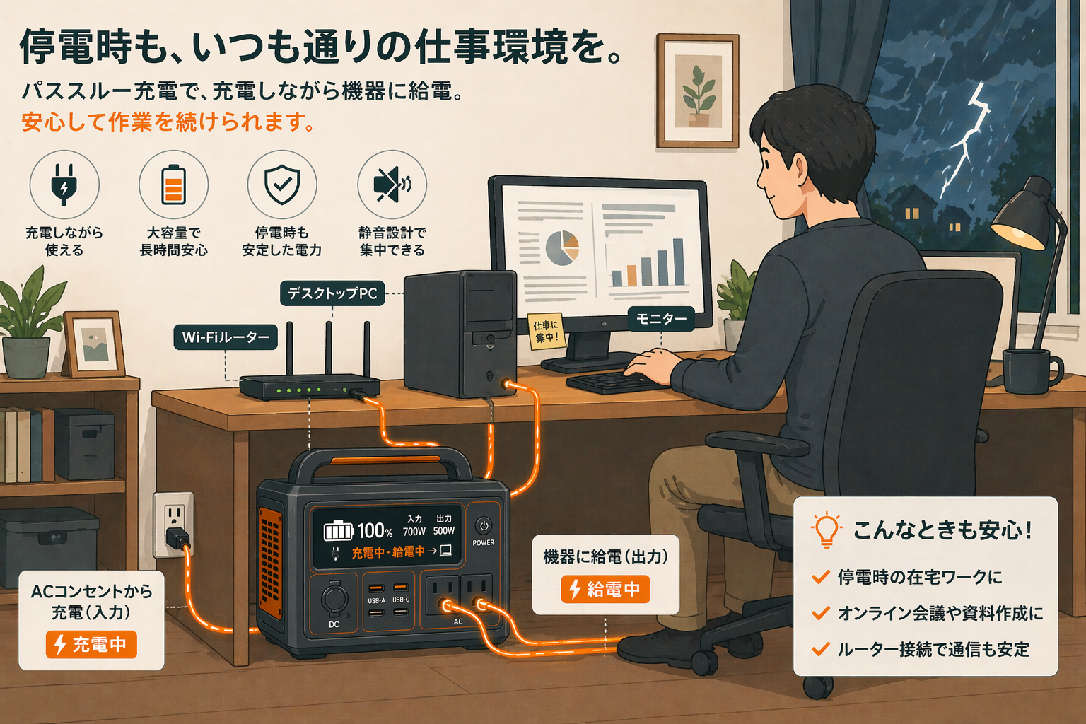パススルー充電を在宅ワークのUPS代わりに活用するイメージ