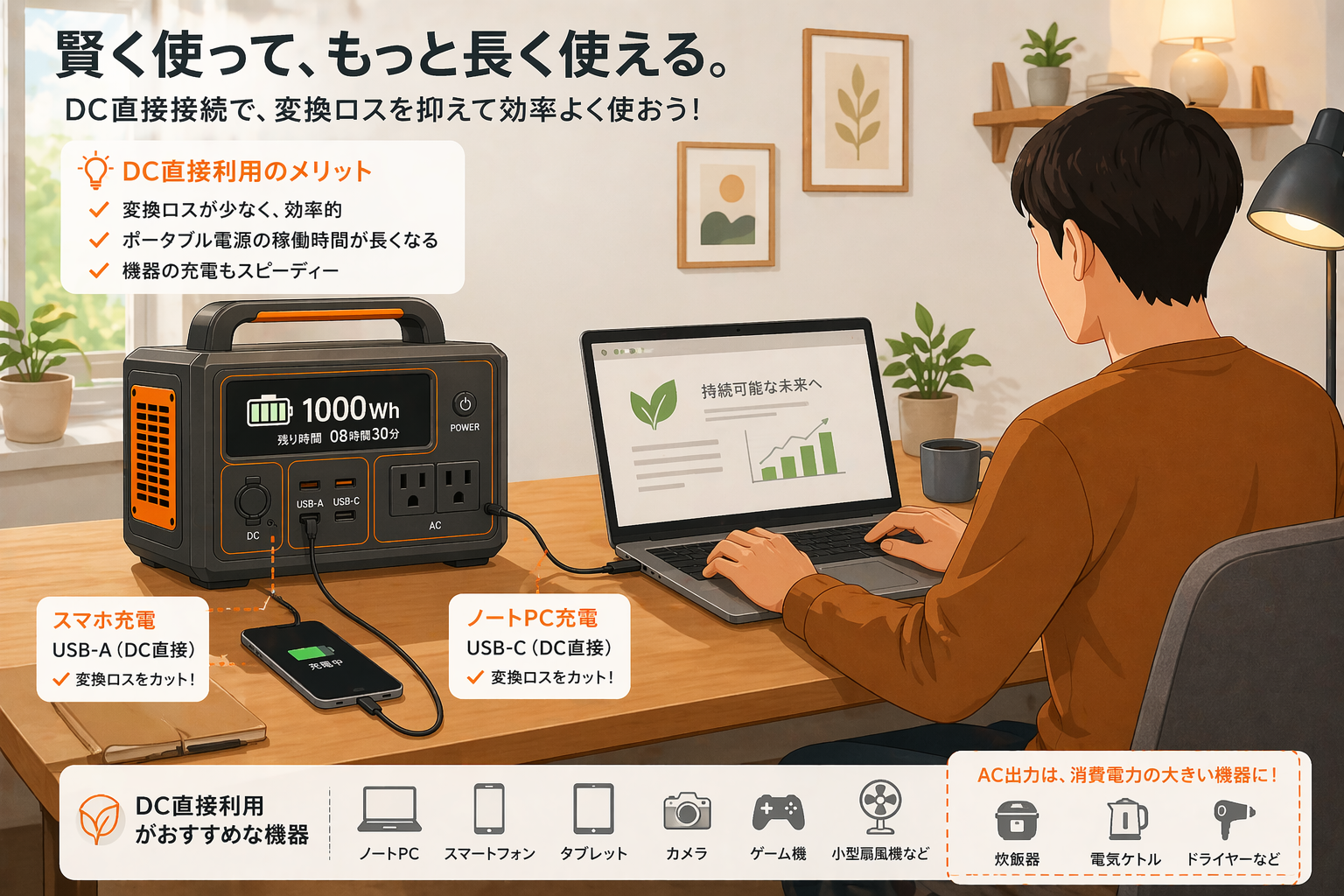 ポータブル電源をDC出力で賢く使うイメージ