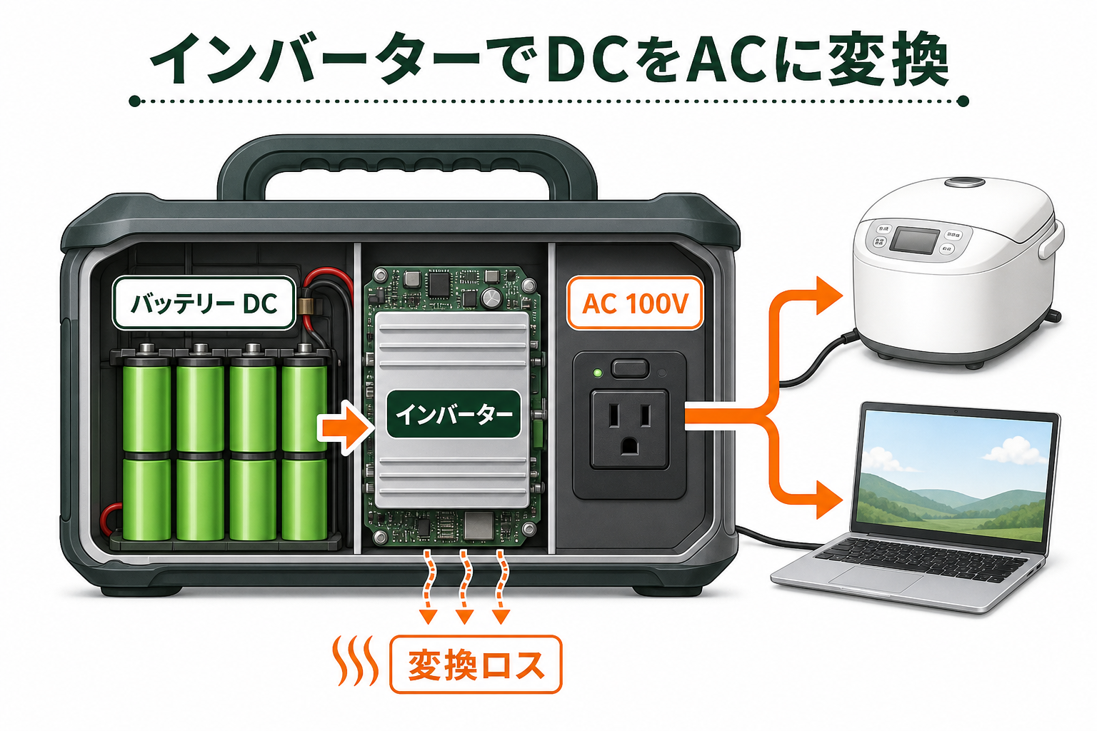 ポータブル電源のインバーターがDCをACに変換する仕組み