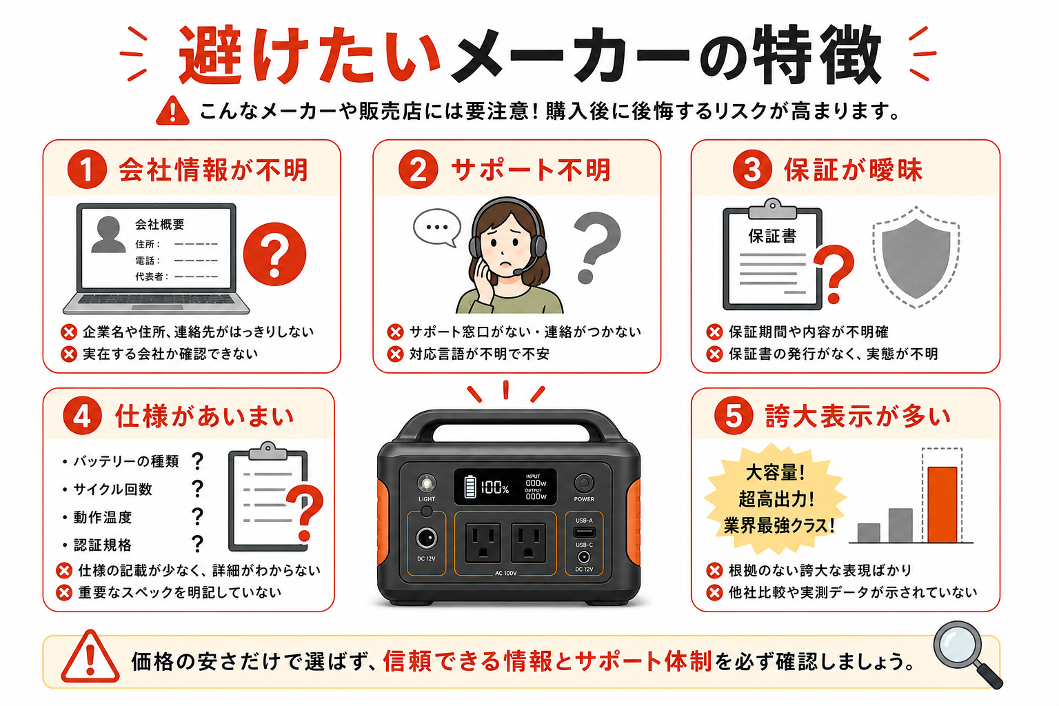 ポータブル電源で避けたいメーカーの特徴をまとめたインフォグラフィック