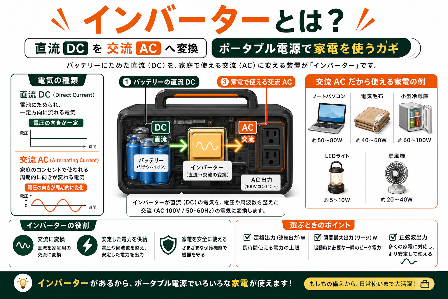 インバーターとは何かをポータブル電源の仕組みで説明するインフォグラフィック