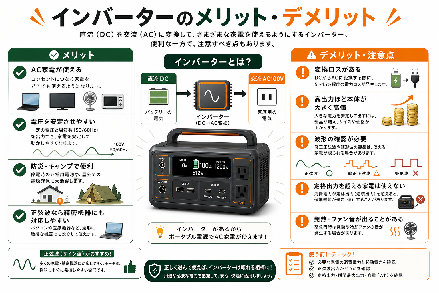 インバーターのメリットとデメリットを説明するインフォグラフィック