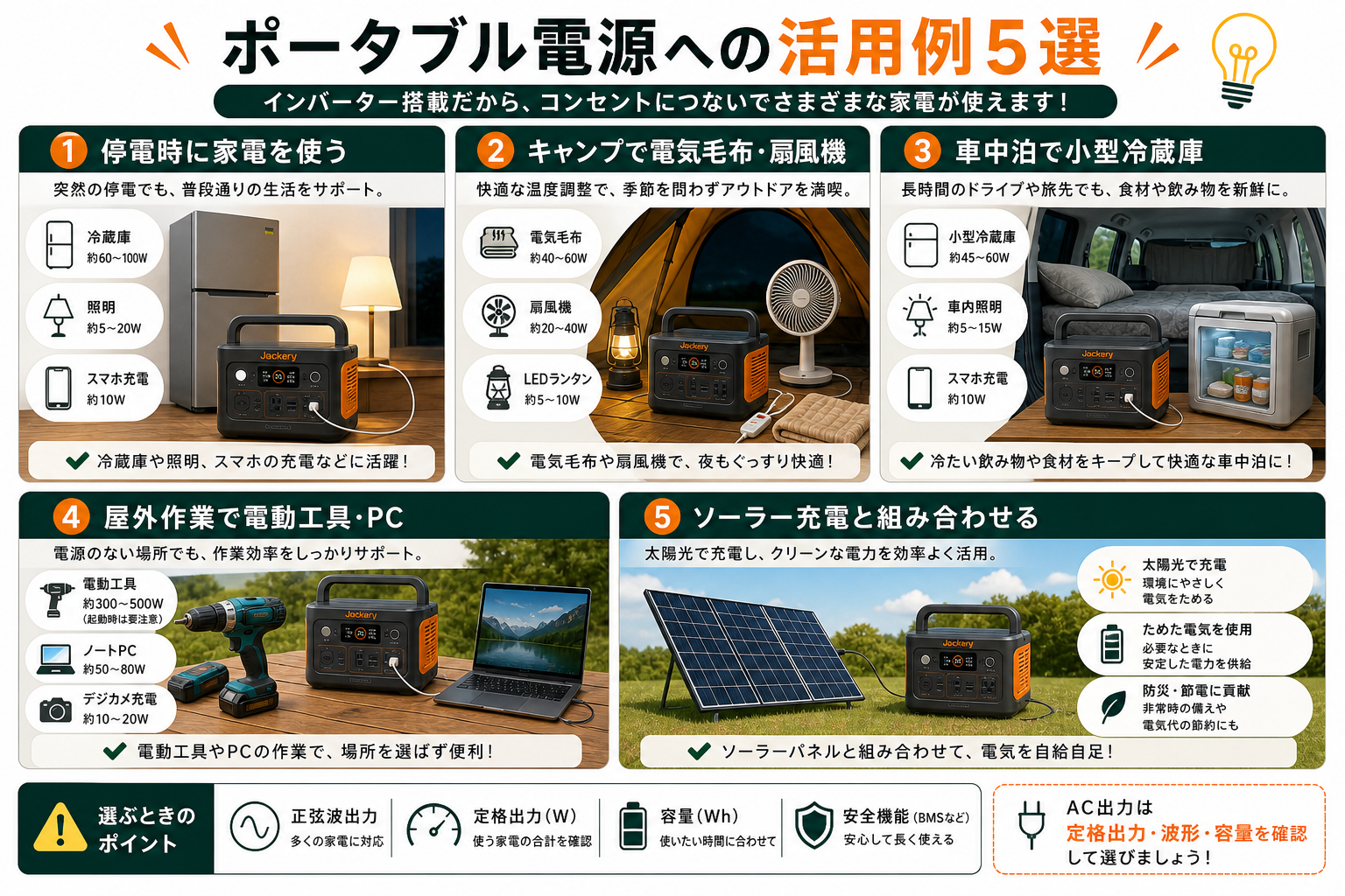 ポータブル電源へのインバーター活用例5選を説明するインフォグラフィック