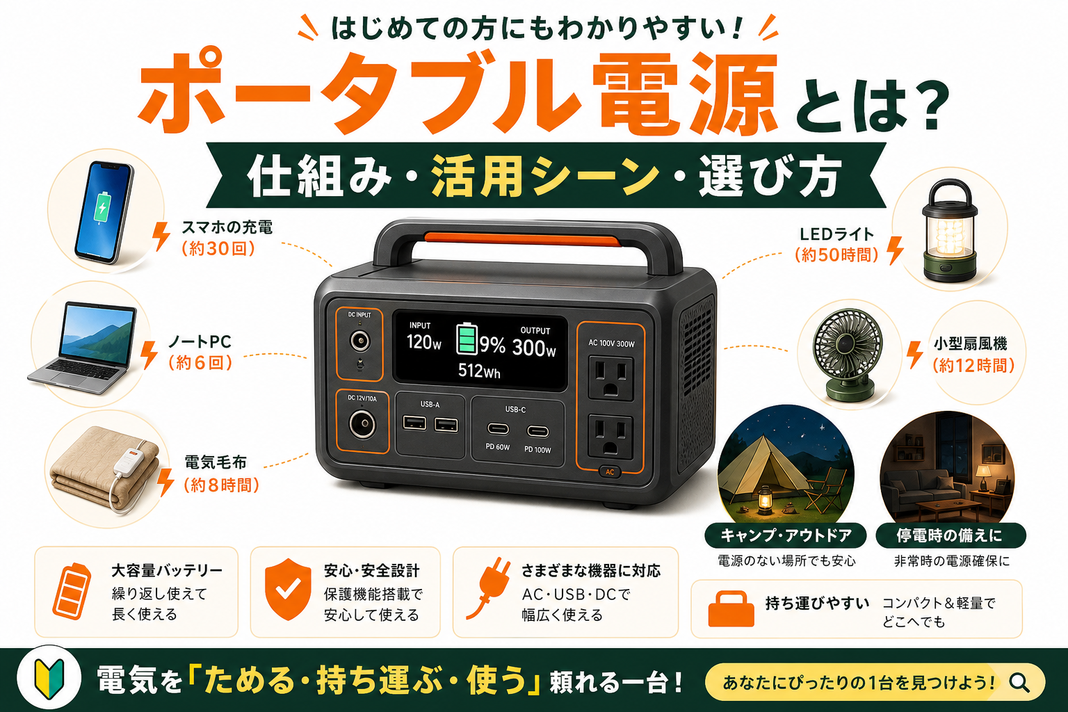 ポータブル電源とは何かを初心者向けに説明するインフォグラフィック