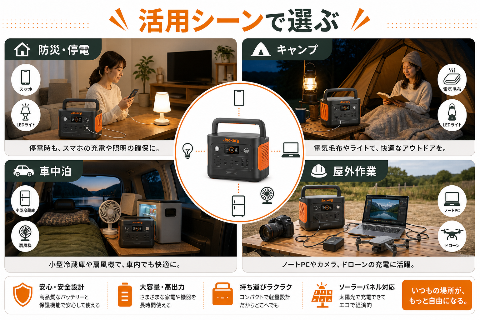 ポータブル電源の活用シーンを説明するインフォグラフィック