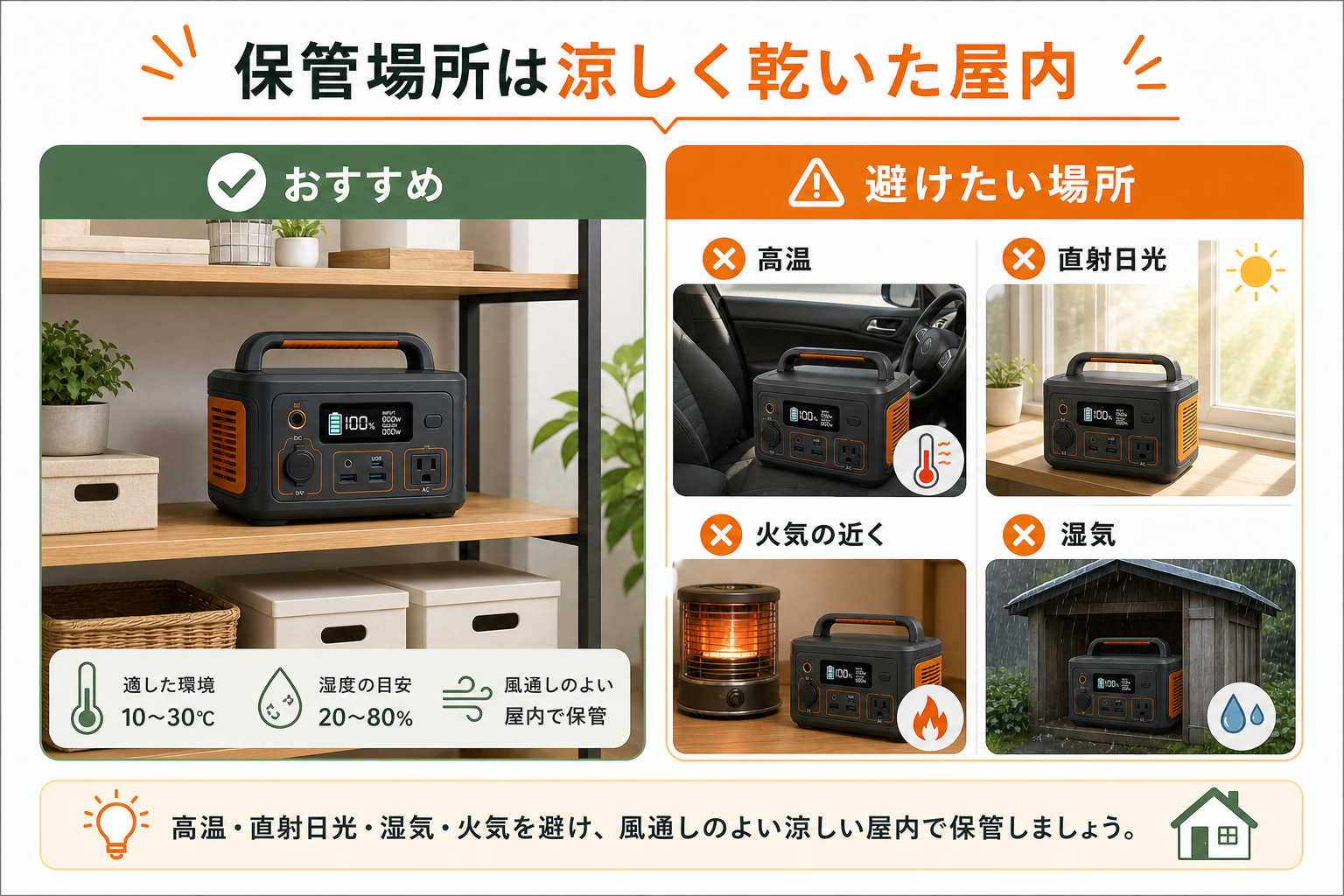 ポータブル電源の安全な保管場所と避けたい場所