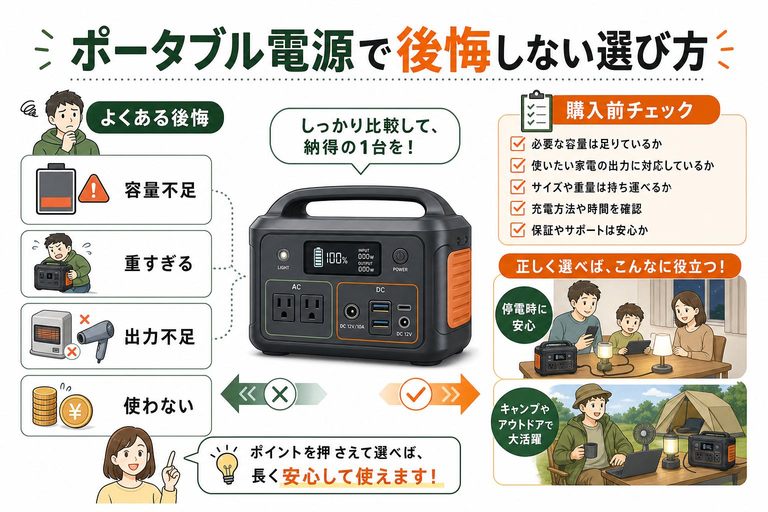 ポータブル電源で後悔しない選び方を説明するインフォグラフィック