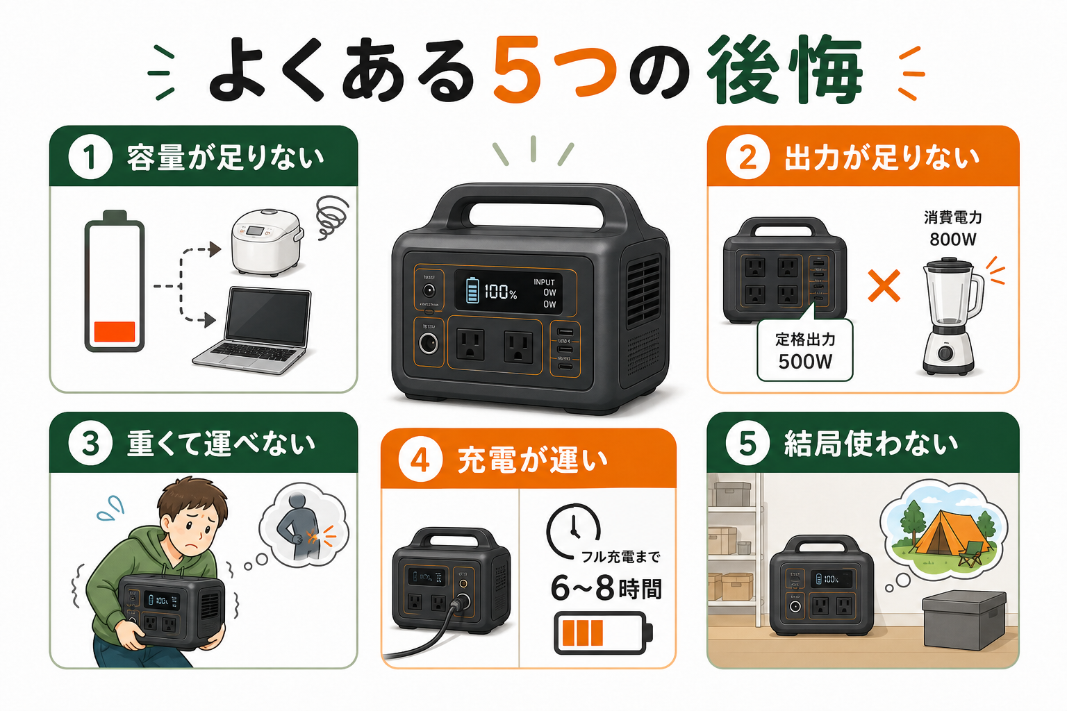 ポータブル電源でよくある5つの後悔を示すインフォグラフィック