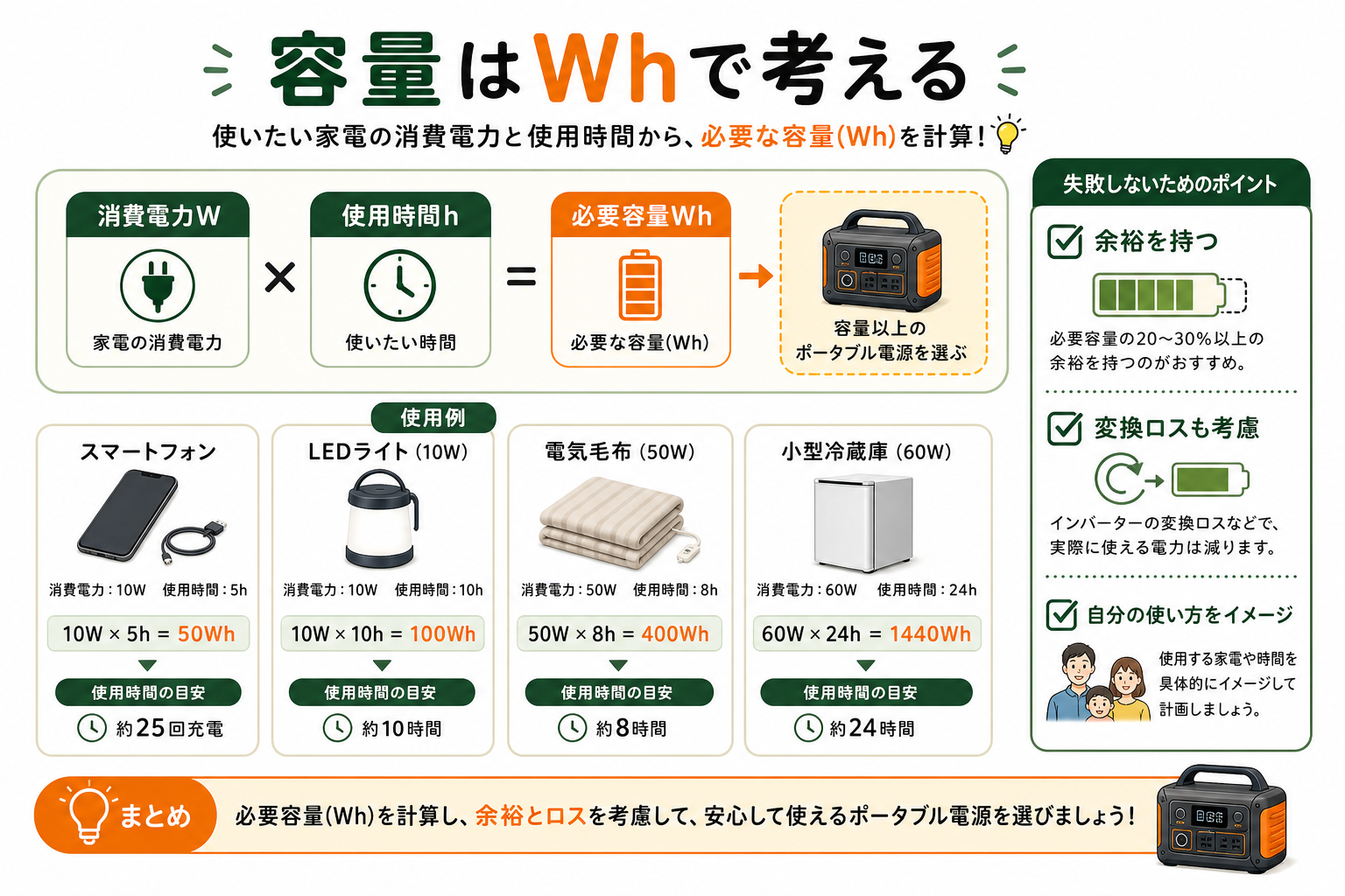ポータブル電源の容量Whの考え方を説明するインフォグラフィック