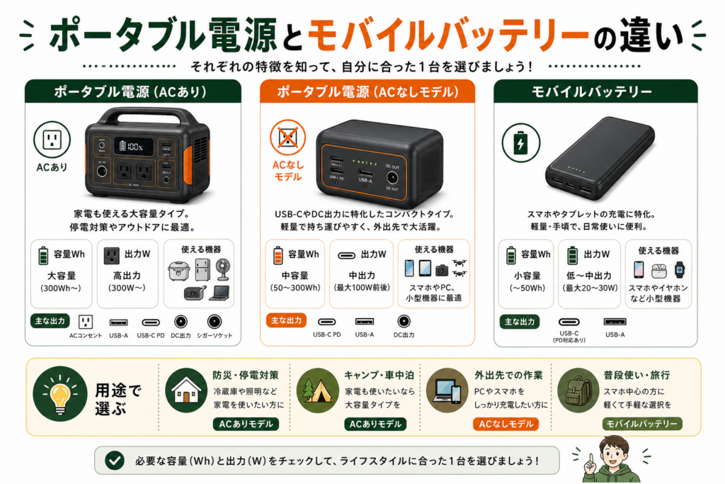 ポータブル電源とモバイルバッテリーの違いとは？ACなしモデルも含めて選び方を解説