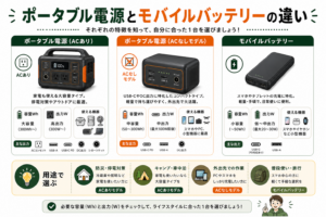 ポータブル電源とモバイルバッテリーの違いとは？ACなしモデルも含めて選び方を解説