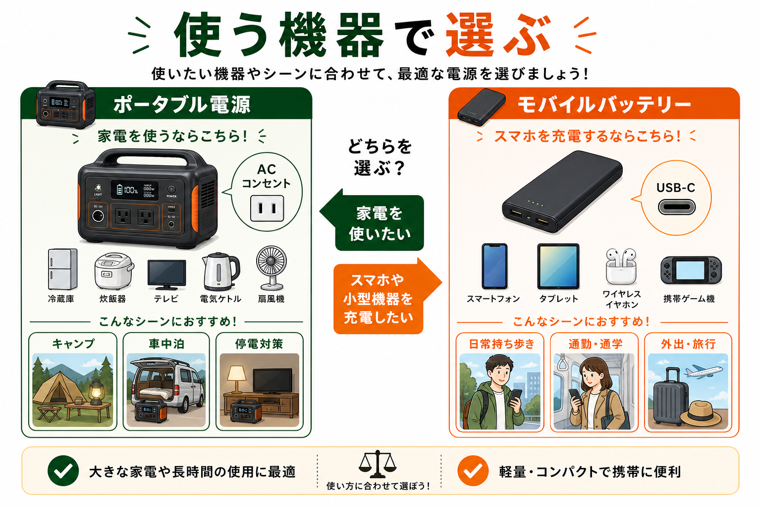 ポータブル電源とモバイルバッテリーを使う機器で選ぶインフォグラフィック