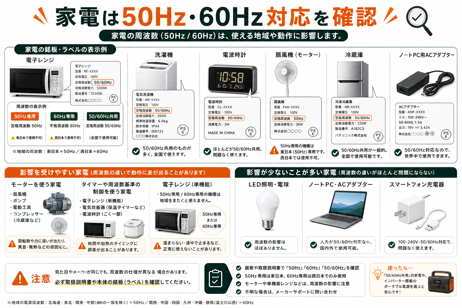 家電の50Hz・60Hz対応を確認する方法を説明するインフォグラフィック