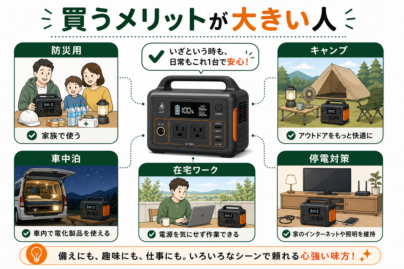 ポータブル電源を買うメリットが大きい人を説明するインフォグラフィック