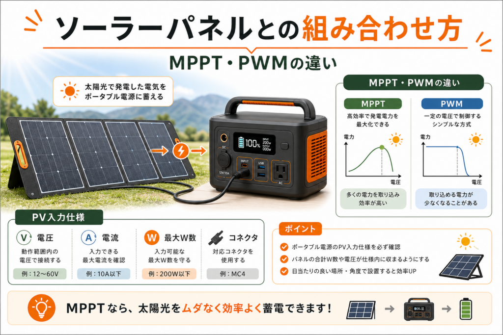 ソーラーパネルとの組み合わせ方 MPPT・PWMの違いとポータブル電源で見るべき入力仕様