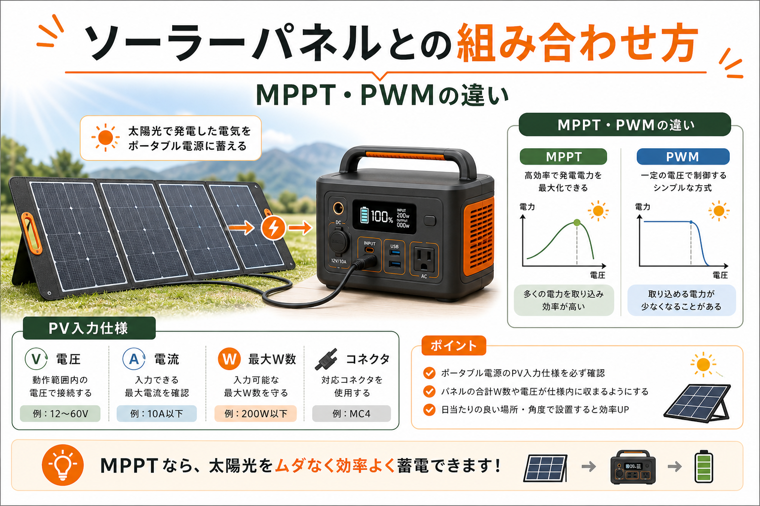 ポータブル電源とソーラーパネル MPPT PWMの基本イメージ