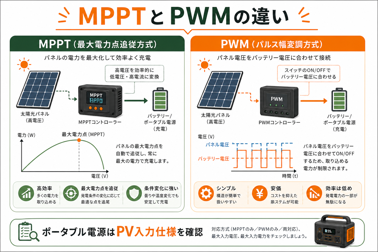 MPPTとPWMの違い 比較表