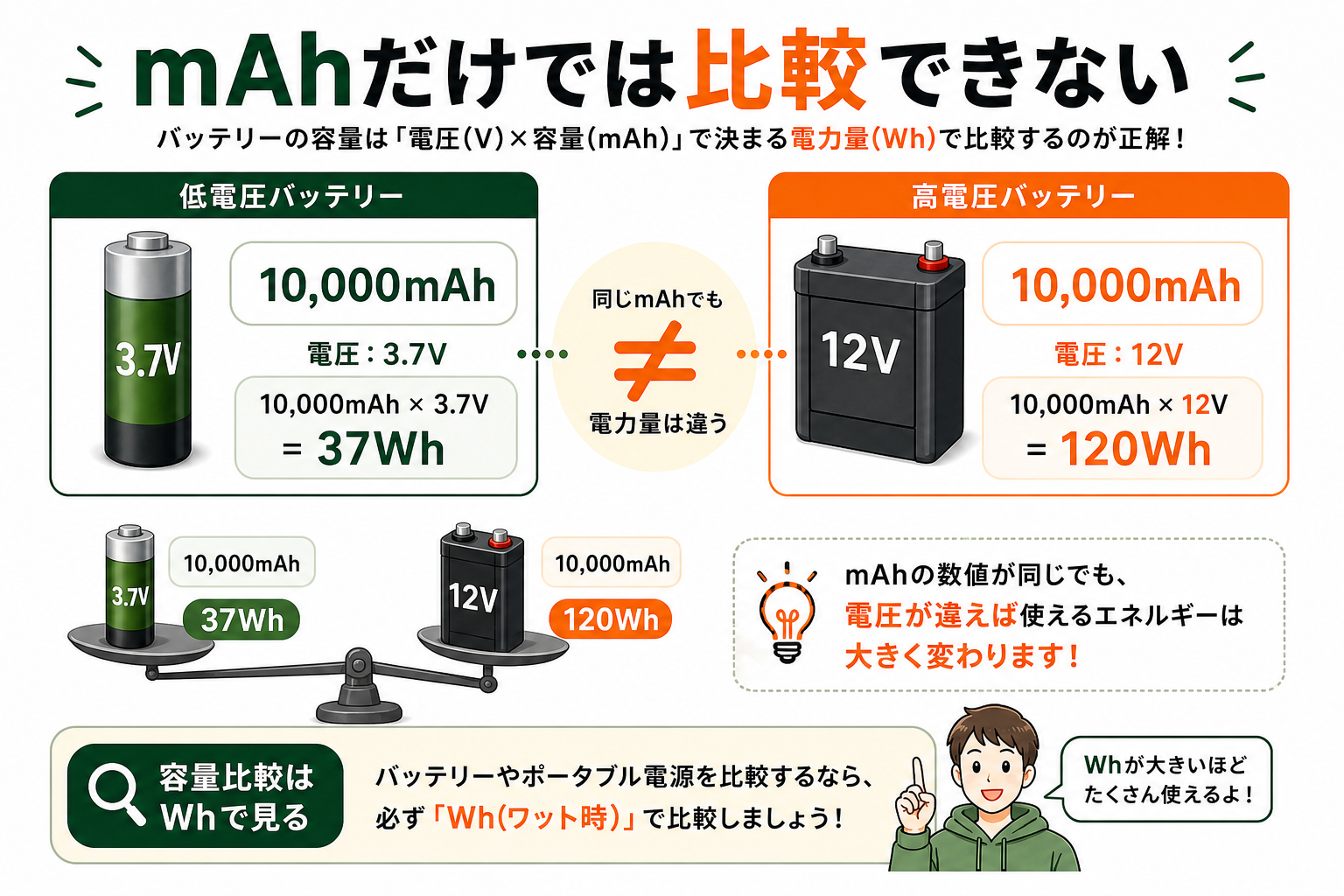 mAhだけでは容量比較できない理由を3.7Vと12Vで説明するインフォグラフィック