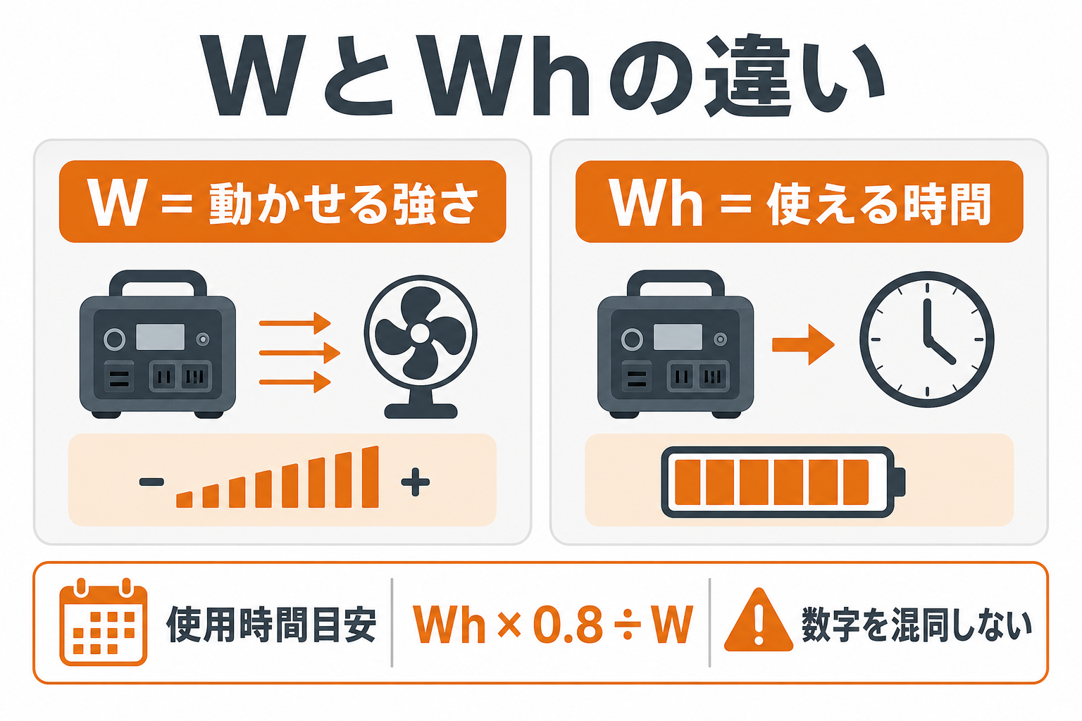 WとWhの違いと使用時間の計算方法を示すインフォグラフィック