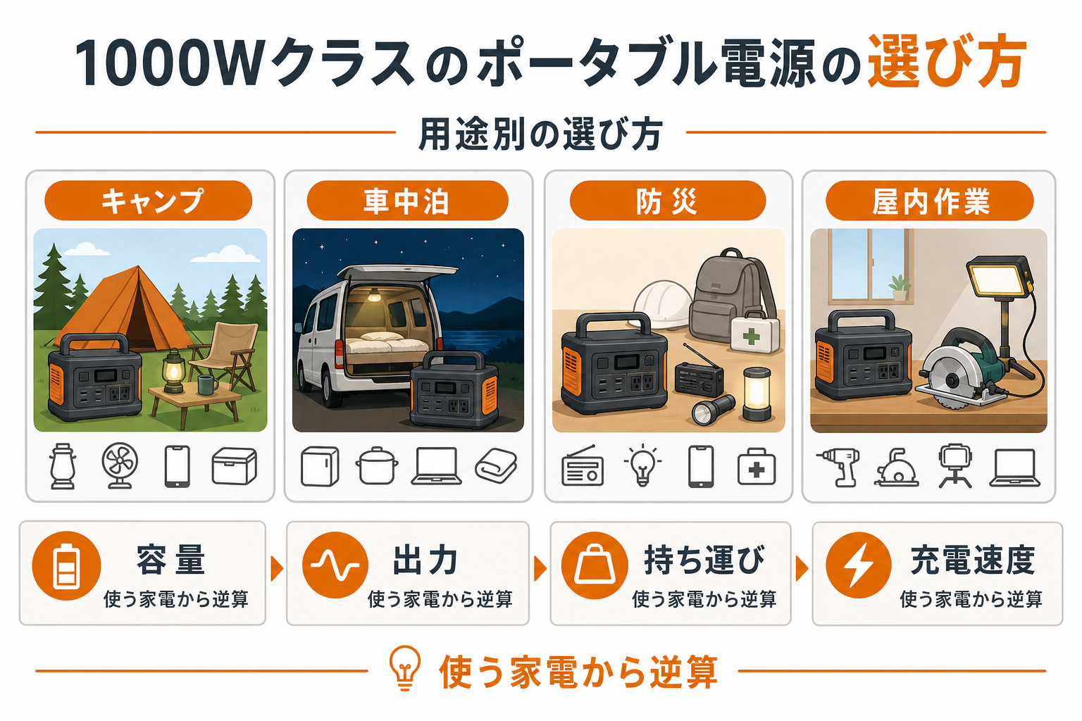 キャンプ・車中泊・防災・屋内作業ごとの選び方を示すインフォグラフィック