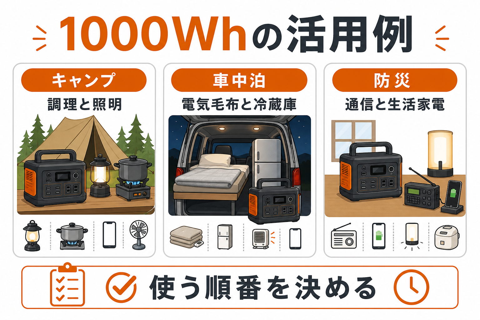 キャンプ・車中泊・防災における1000Whポータブル電源の活用例