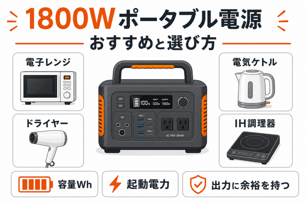 1800Wポータブル電源おすすめ5選！選び方・使える家電・稼働時間を徹底解説