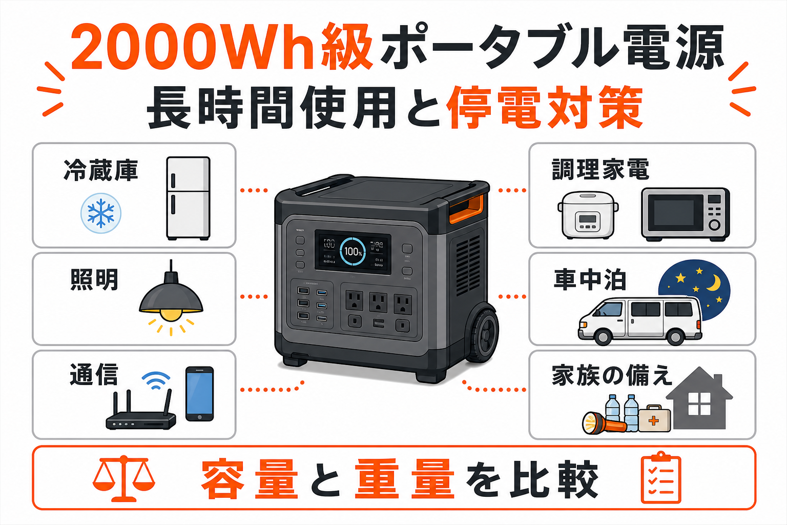2000Wh級ポータブル電源の長時間使用と停電対策をまとめたインフォグラフィック