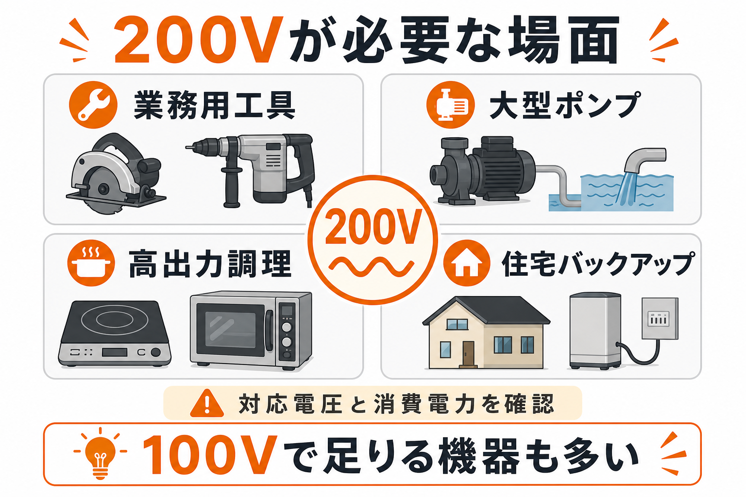 200V出力が必要な場面をまとめたインフォグラフィック